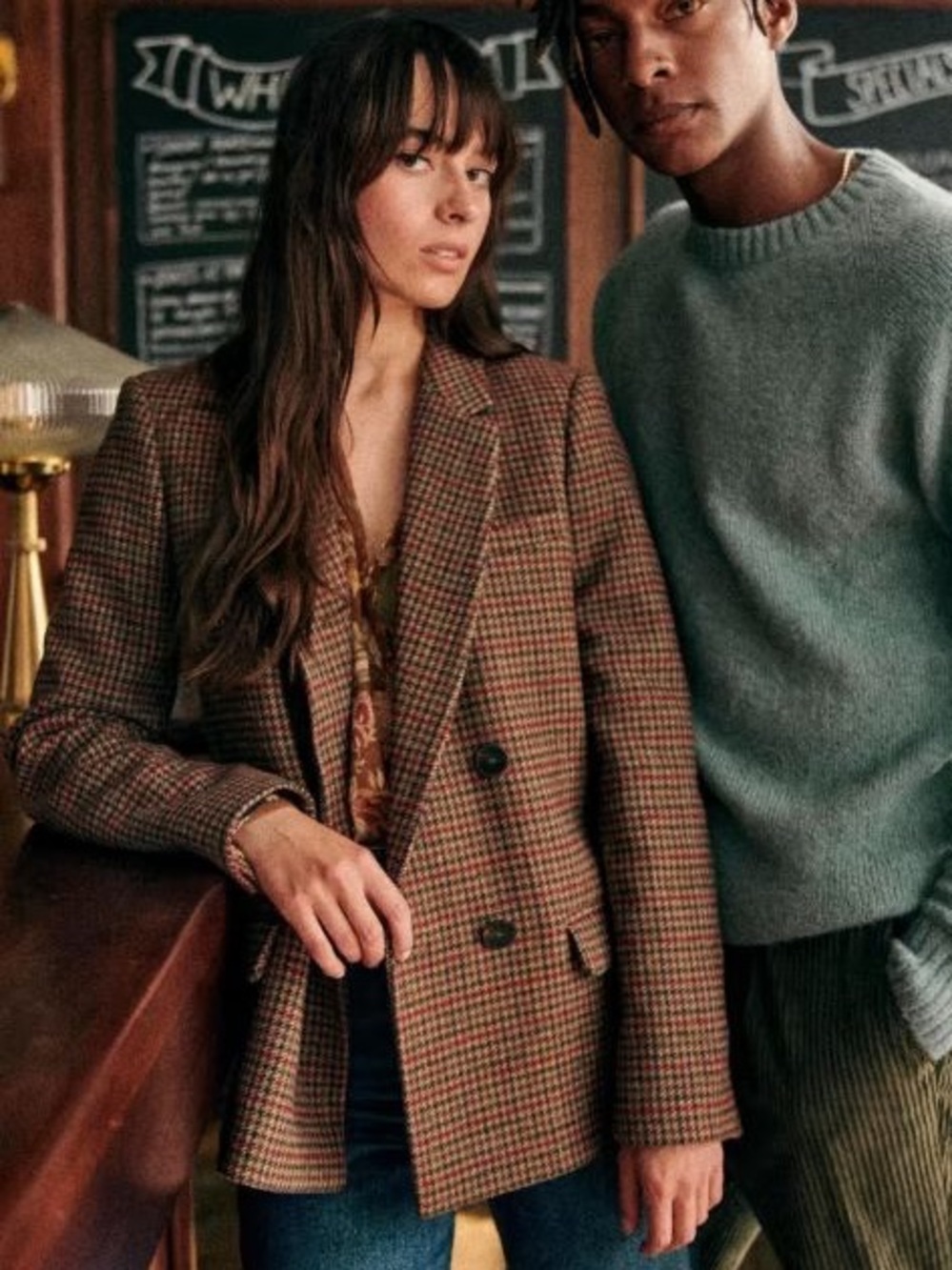 Sezane Christie Brown, Red, and Navy Hounds Double-Breasted Blazer